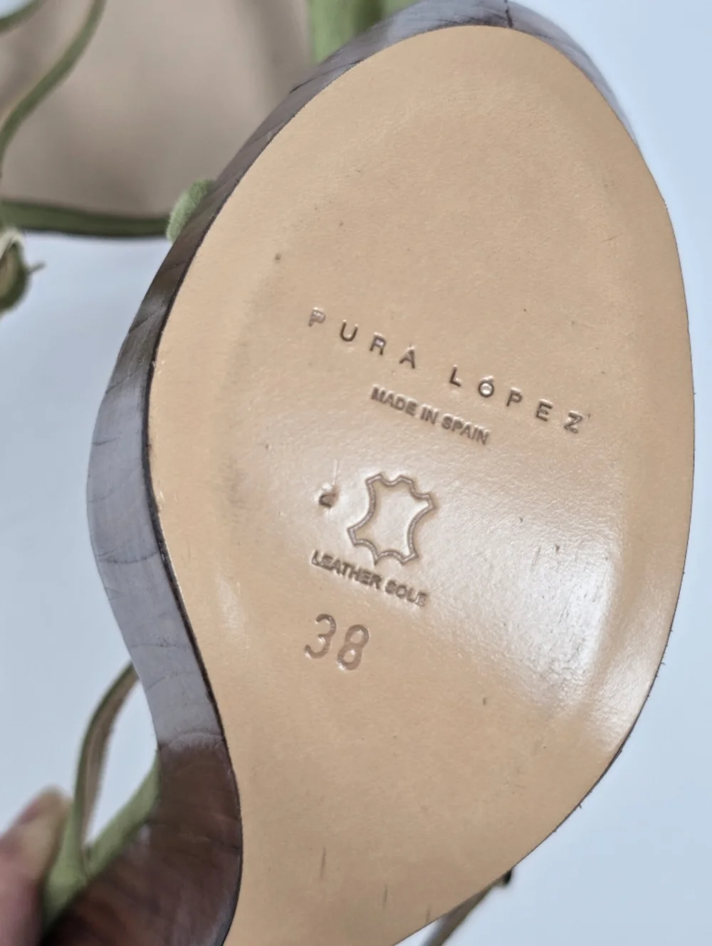 Pura Lopez Green Suede Countour Wood Wedge Platform Sandals Ankle Strap 38 - Picture 12 of 14
